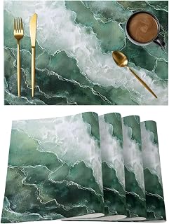 Abstract White Ocean Placemats Set of 1 Cotton Linen Heat Resistance Table Mats Non-Slip Washable Art Marble Teal Waves Placemat for Holiday Banquet Dining Kitchen Table Decor