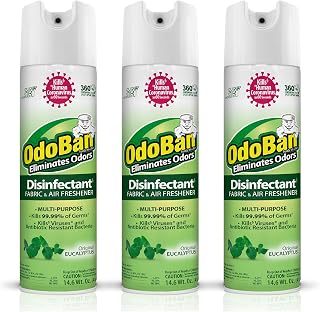 OdoBan Ready-to-Use 360-Degree Continuous Spray Disinfectant and Harsh Aroma Eliminator, Fabric and Air Freshener, 3 Pack, 14.6 Ounces Each, Original Eucalyptus Scent Clear