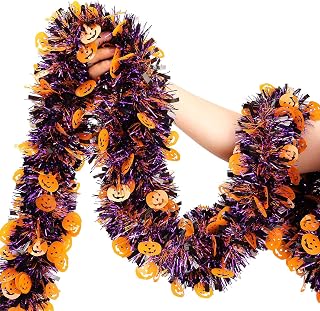 Halloween Garland Decor,33Ft Glitter Tinsel Pumpkin Garland Decorations for Tree Car Golf Cart Parade Float Bike Indoor Outdoor Holiday Home Burnt Orange Black Purple