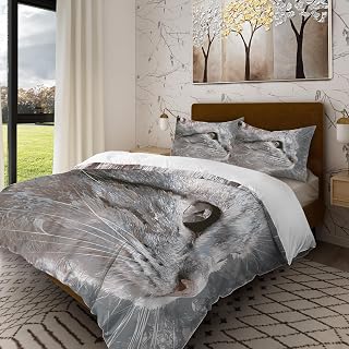 Batmerry Cute Cat in Silver King Size 100% Cotton Duvet Cover Sets, Gray Face Bedding Set with Zipper Closure Corner Ties, 3 Pieces (1 Cover + 2 Pillowcases No Comforter)