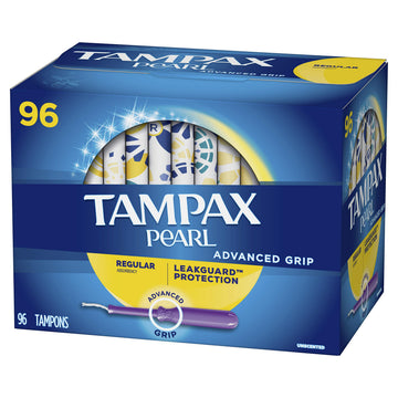 Pearl Advanced Grip Plastic Tampons Regular Unscented by Tampax – 96 Count (Pack of 1), Plastic, Model Tampax Pearl Advanced Grip Regular Absor