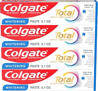 Colgate Total Whitening Toothpaste Paste, 5.1 oz, Fluoride, Antibacterial, for Plaque, Gingivitis, Sensitivity, Stain Removal, Clinically Proven, Mint, Teeth Whitening, Stannous Fluoride (Pack of 24)