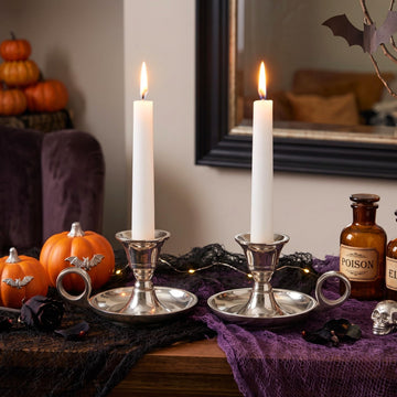 Rely+ Candle Holders with Handle, Taper Candlestick Set of 2, Glossy Silver