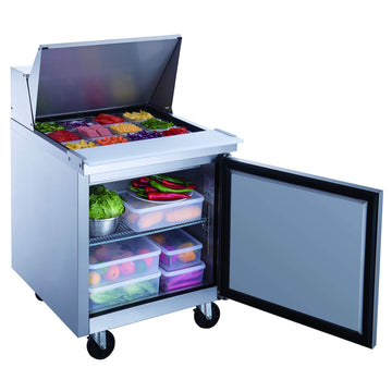 6.5 cu. ft. Single Door Commercial Food Prep Table Refrigerator with Mega Top by Dukers – 29″ x 31 1/2” x 45 5/8″, 6.5 cubic_feet, Stainless Steel, Model DSP29-12M-S1