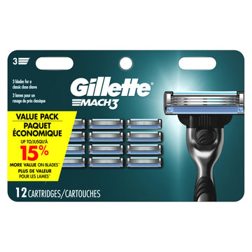 Mach 3 Razor Refils 12 pack by Gillette – 1 Count (Pack of 12), Silver, Pack of 12, Model 91993560