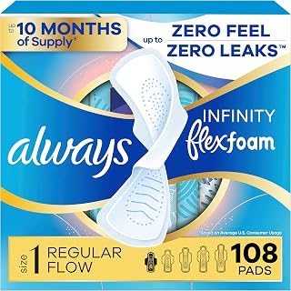 Always Infinity Feminine Pads for Women, Flexfoam Pads with Wings, Size 1, Regular Absorbency, Unscented, 108 Count (3 Packs of 36)