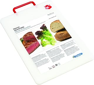 LINDEN SWEDEN Hanna Cutting Board - Made in Sweden - BPA Free and Dishwasher Safe - large cutting board - Doubles as Plastic Cheese Board for Kitchen - Clear with Red Handle - 15” x 9 3/4" x 1/2"