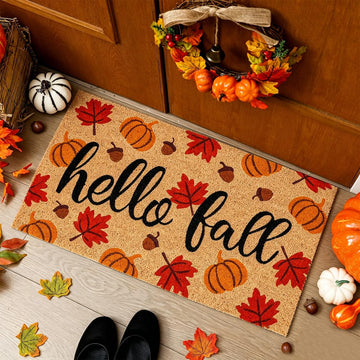 JarThenaAMCS Coir Doormat, Hello Fall Maple Leaf Pumpkin Design, 16.5 x 29.1 Inch
