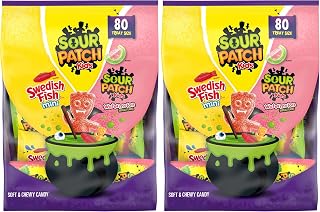 SOUR PATCH KIDS and SWEDISH FISH Mini Soft & Chewy Gummy Halloween Candy Variety Pack, Bulk Candy, 80 Trick or Treat Bags (Pack of 2)