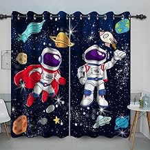 Navy Blue Space Astronaut Blackout Curtains for Boys Bedroom Cartoon Rockets Planets Spaceman Grommet Window Drapes Cosmic Adventure Cosmonaut Outer Space Curtains 2 Panels, 42" Wx84 L