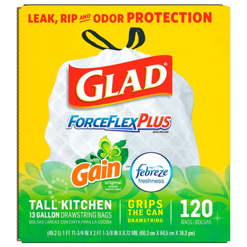 Glad Forceflexplus 13-Gallon Tall Kitchen Drawstring Trash Bags 120 Ct – 120 Count (Pack of 1), 13.0 gallons, Plastic, White, Model 43551-43683