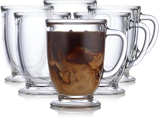 Libbey Kona Glass Coffee Mugs Set of 6, Elegant 16 Ounce Clear Tea Cup Set , Dishwasher Safe Glass Mugs with Handles for Tea, Coffee,and Espresso