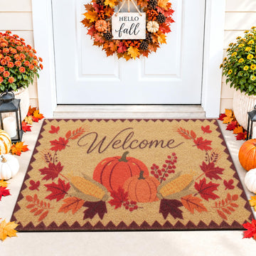 OLANLY Doormat, Low Profile Polyester Front Door Mat, Welcome Fall Pumpkin 30x17