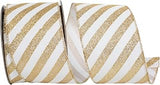 Reliant Ribbon Stripes Diagonal Glitter Bling Wired Edge, White/Gold, 2-1/2 Inch, 10 Yards