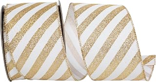 Reliant Ribbon Stripes Diagonal Glitter Bling Wired Edge, White/Gold, 2-1/2 Inch, 10 Yards
