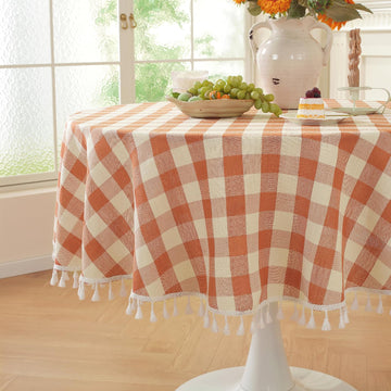 Laolitou Checkered Round Tablecloth, 60 Inch with Tassels, Orange