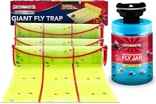 Catchmaster Outdoor Fly Trap Bundle, Giant Fly Glue Trap 3-Pack & Outdoor Fly Jar, for Garage, Backyard, Pool, Patio & Camping