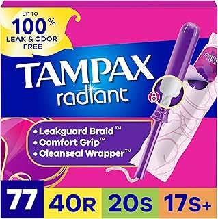 Tampax Radiant Tampons Multipack, with LeakGuard Braid, Regular/Super/Super Plus Absorbency, Up to 100% Leak and Odor Free Protection, Unscented, 77 Count