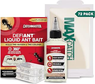 Catchmaster Max-Catch Mouse and Insect Glue Trap 72PK, Unscented for Indoor Use & 1-Year Supply of Defiant Premium Liquid Ant Killer with Reusable Ant Traps for Indoor and Outdoor Use