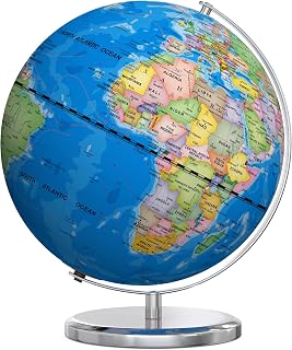 Waldauge 13 Inch Illuminated World Globe, LED Metal Base | Heavy Metal Base, Plug-in LED Night Light, Kids Learning Tool, Classroom & Desk Decor, HD Political Map Print