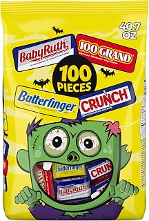 Butterfinger CRUNCH, Baby Ruth, 100 Grand Mini and Fun Size Assorted Halloween Candy Bulk Bars, 100 Count Pack, 40.7 oz