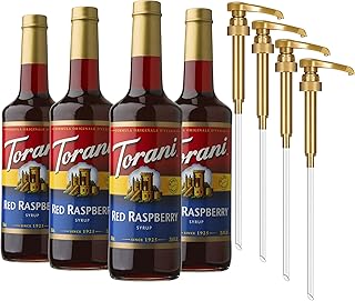 Torani Red Raspberry Syrup for Drinks, Flavoring for Iced Tea, Sodas, Cocktails, and Milk Shakes, Glass Bottle 4-Pack, Pumps Included, 25.4 Oz