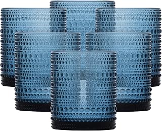 Fortessa Jupiter Beaded Hobnail Glass Vintage Themed Drinkware Set, 10 Ounce Double Old Fashioned Glass (Set of 6), Dishwasher-Safe, Blue