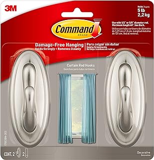 Command Curtain Rod Hooks, Large, Brushed Nickel, 2-Hooks, 2-Strips, 2-Pack, Decorate Damage-Free