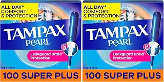 Tampax Pearl Tampons for Women, with LeakGuard Braid, Super Plus Absorbency, Unscented, 100 Count (Pack of 2)
