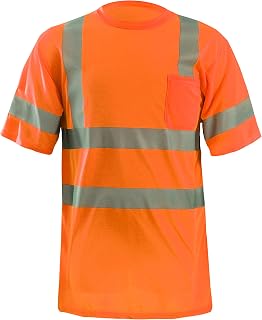 OccuNomix LUX-SSETP3-OL Classic Standard Dual Stripe Short Sleeve Wicking T-Shirt with Pocket, Class 3, 100% ANSI Wicking Spun Polyester, Large, Orange (High Visibility)