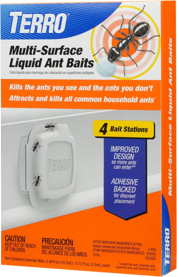 Indoor Liquid Ant Baits with Adhesive Strips for Discreet Baiting - TERRO Ant Trap and Bait Station - 4 Count - T334B (Pack of 5) – 4 Bait Stations, Plastic, Orange