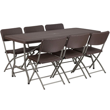 5.62-Foot Brown Rattan Indoor-Outdoor Plastic Folding Table Set with 6 Chairs by Flash Furniture – 32.5'' W x 67.5'' L, Model DAD-YCZ-172-61-GG