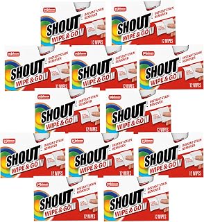 SHOUT Wipe & Go Instant Stain Remover Wipes, No Wash Required, Safe on Colorfast Washables, Travel & Baby Diaper Bag Essentials, Removes Grass, Coffee, Makeup & More, 12 Wipes (Pack of 12)