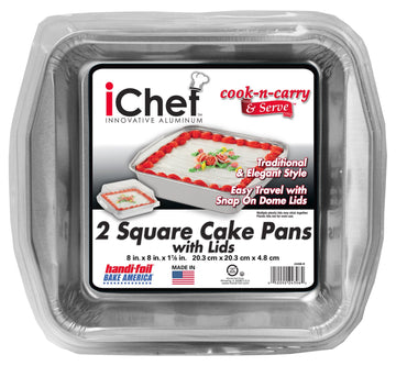 iChef Square Cake Pans by Handi-Foil – 2 Count (Pack of 1), 8 inches, Aluminum, Clear, Model 352098