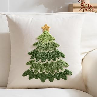 Christmas Pillow Covers 18 x 18 Inch Embroidery Green Christmas Tree Golden Star Decorative Throw Pillow Covers Xmas Winter Holiday Decor for Sofa Couch Bed Living Room