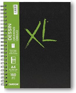 Canson XL Drawing 160gsm A4 Paper, Light Grain, Spiral Pad Long Side, 60 White Sheets, Ideal for Professional Artists & Students