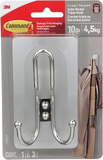 Command X-Large Satin Nickel Triple Hook, 1 Hook, 3 Strips, Damage-Free Hanging Wall Hooks with Adhesive Strips, No Tools Wall Hooks for Hanging Decorations in Living Spaces, Pack of 8