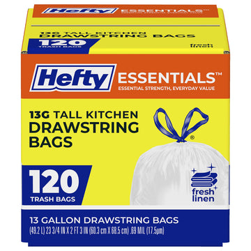 Essentials 13 Gallon Kitchen Trash Bags by Hefty – 120 Count (Pack of 1), 13.0 gallons, PE, White, Model E89168PR
