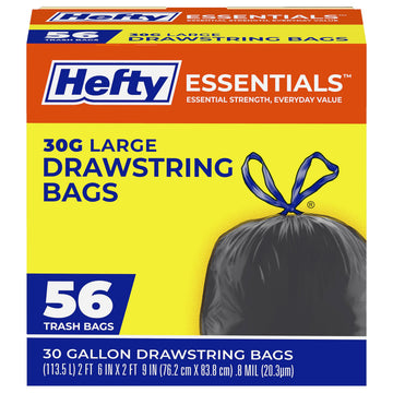 Essentials 30 Gallon Trash Bags by Hefty – 56 Count (Pack of 1), 30.0 gallons, PE, Black, Model E89066PR
