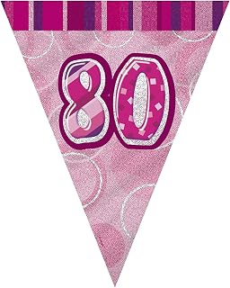 Unique Party 90958-9ft Foil Glitz Pink 80th Birthday Bunting Flags