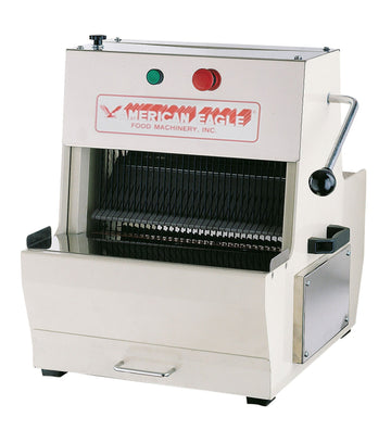 Bread Slicer with pusher device and start/stop control 1/3 hp by American Eagle Food Machinery – Tabletop, Stainless Steel, Tan, Model AE-BS02-5/8