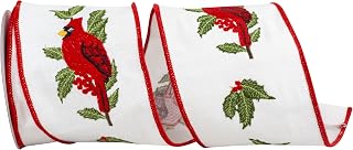 Reliant Ribbon Cardinal Embroidery Linen Deluxe Wired Edge Ribbon, White/red
