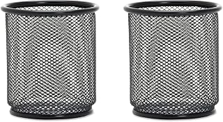 Lorell Black Mesh/Wire Pencil Cup Holder 3.5" x 3.9" - Steel - 1 - Black, 2 Packs