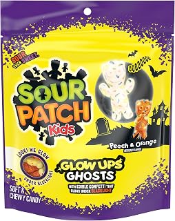 Sour Patch Kids Glow Ups Ghosts Soft & Chewy Gummy Halloween Candy, 8.37 oz | Gummy Candy with Edible Confetti that Glows Under Blacklight, Peach and Orange Flavors, Resealable Bag