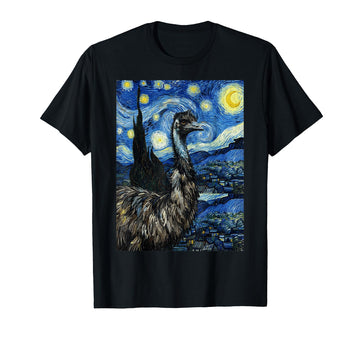 Emu in Van Gogh Starry Night Style Art T-Shirt by Starry Wildlife Art – Black, Model 61NN7DZ27FK