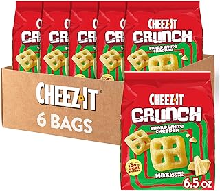 Cheez-It Crunch Cheesy Baked Snacks, Lunch Snacks, Sharp White Cheddar (6 Bags)
