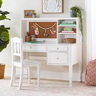 Guidecraft Avery Kids' Desk, Hutch and Chair Set - White: Children's Wooden Computer Desk with Storage Shelves and Drawers, Study Table and Chair for Girls