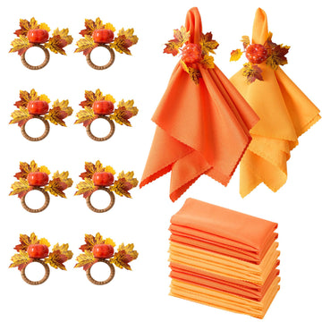 Worthyeah Napkin Rings and Cloths, Set of 16, Pumpkin Maple Leaf Design