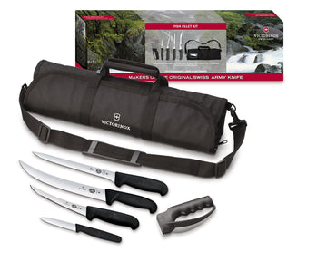 Fibrox 6 Piece Fish Fillet Kit with Sharpener & Cutlery Roll by Victorinox – 10", Stainless Steel, Black, Model 5.1003.61-X2