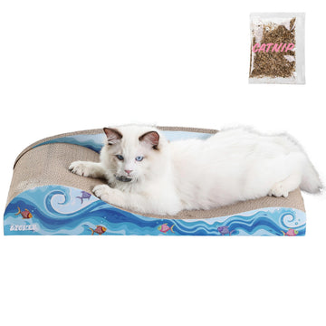 Kokomo 23.75" Coastal Cardboard Lounge Bed Cat Scratcher with Catnip by THE LICKER STORE – Cardboard, Blue/Orange, Model CSR1002A